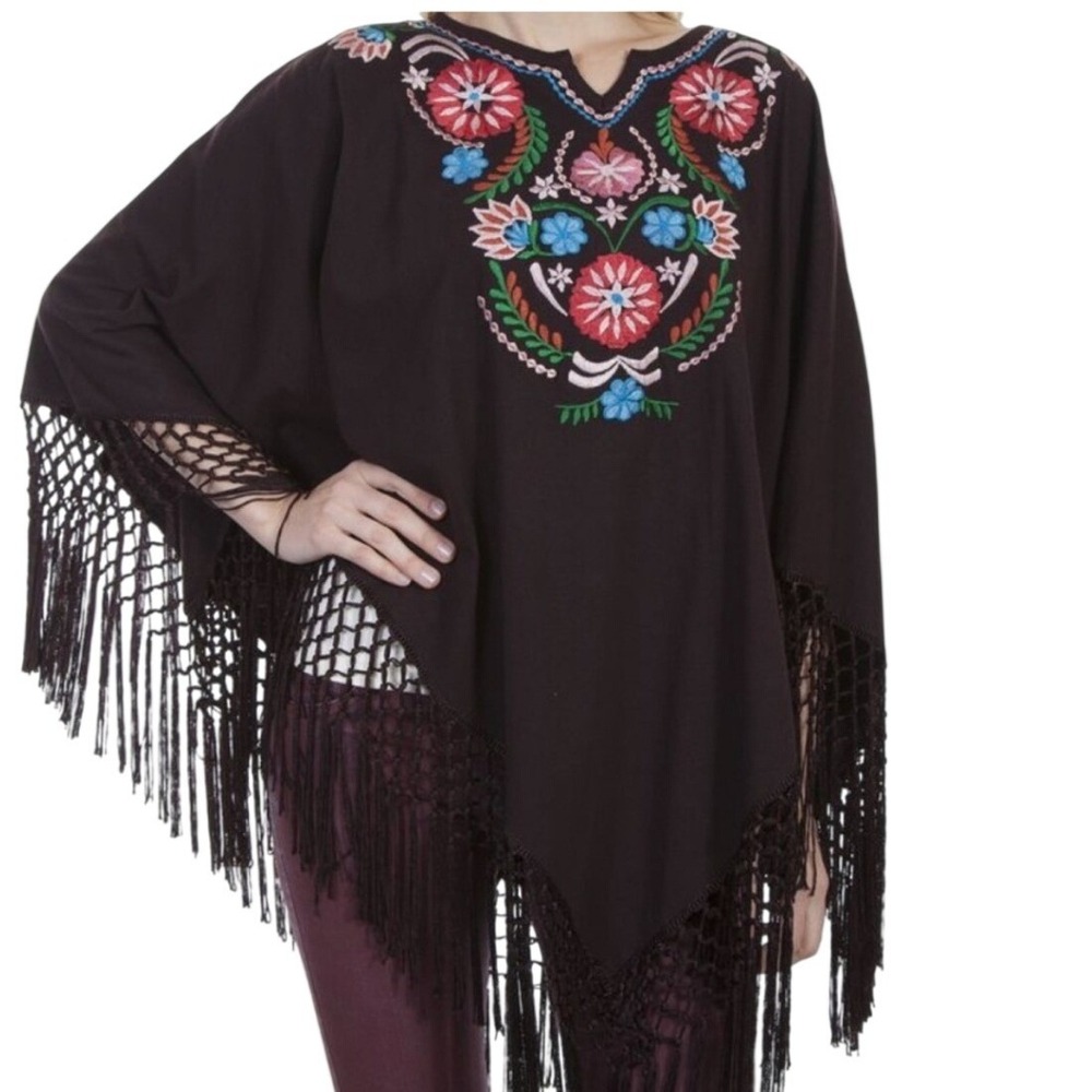 Scully Floral Embroidered Poncho Brown Boho Fringe Macrame Western‎ Top XL